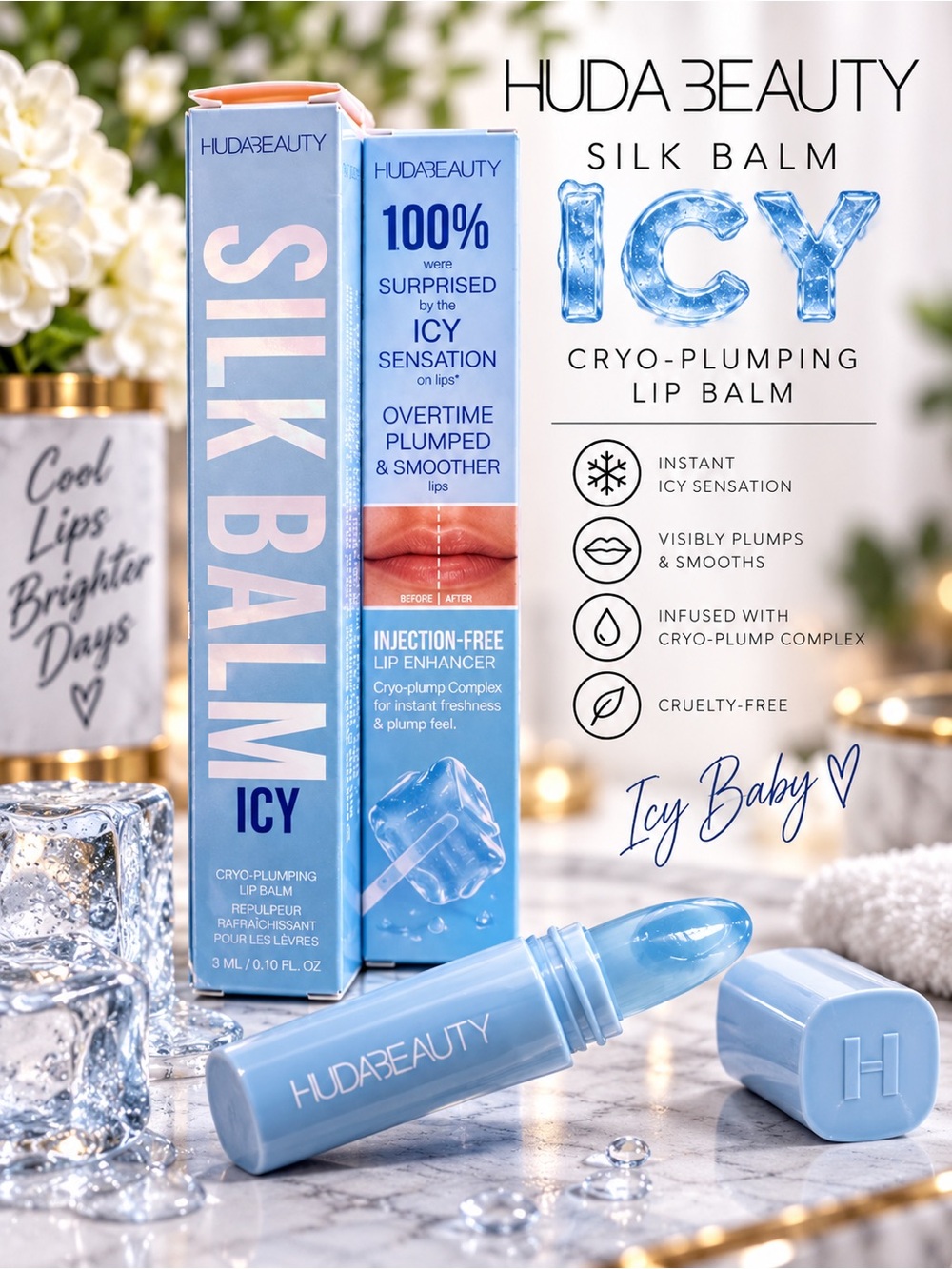 Huda Beauty Silk Balm ICY Frost Cryo Plumping Lip Balm Discontinued 3mL